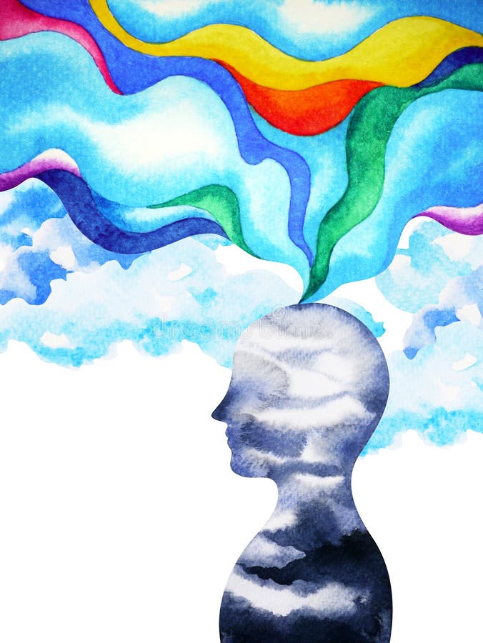 人头，chakra力量，启发摘要认为在您的头脑，水彩绘画里面 库存例证